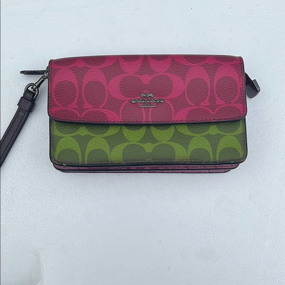 Coach Pink and Green Clutch with Signature Monogram
